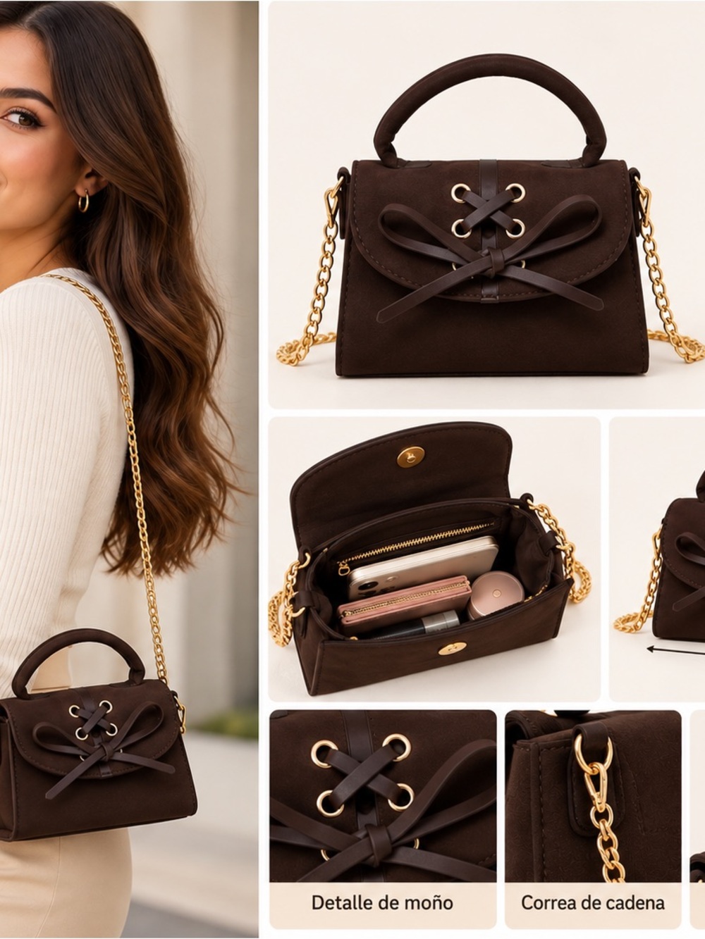 Women's Chocolate Brown Bow Accent Crossbody Bag with Gold Chain